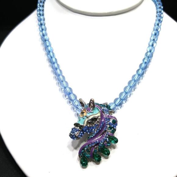 Vintage Rhinestone Enamel Horse Pendant Necklace Light Blue Beads 20 Inches - Picture 3 of 8